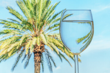 pour cold water in glass goblet against palm and bright blue sky