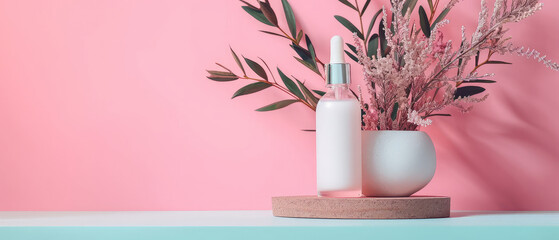 Pink floral showcase with cream jar, container, serum bottle, surreal flowers in trendy pastel color.  Shadows effect.Skin Care, makeup concept. Cosmetic product presentation. Generative ai - obrazy, fototapety, plakaty