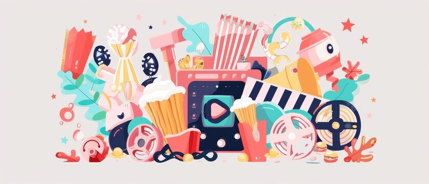 This is a cool modern web banner with lettering, a detailed retro motion picture film projector, cinema tickets, popcorn. Modern illustration depicting Movie Night.