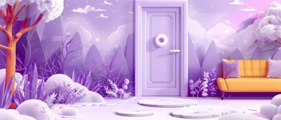 Foto auf Leinwand Into a winter landscape with a cloudy sky and snowy trees. A door mat in the room and yellow bench. Flat cartoon texture purple modern illustration. Trees with round crowns under a cloudy sky. © Mark