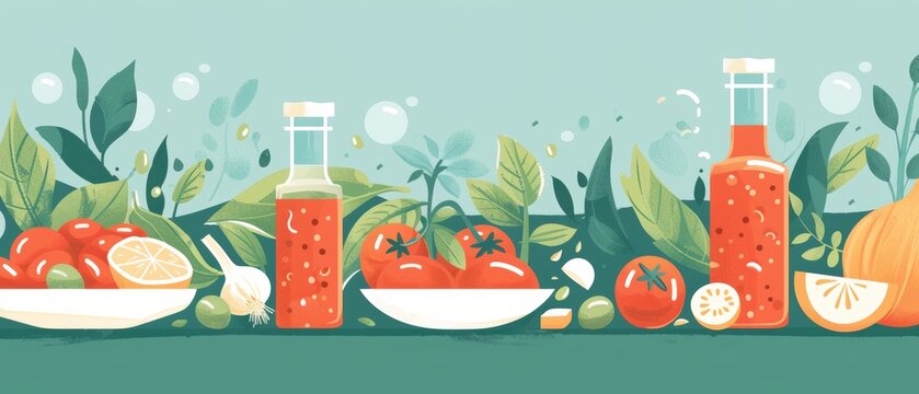 In this illustration, the ingredients of the tomato sauce are shown in a flat configuration: olive oil, tomatoes, garlic, onion, oregano, basil, sugar, salt and pepper.