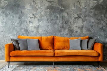 A vibrant orange sofa with a mix of gray and brown pillows in a textured living space with a gray concrete wall, blending warmth with modern design