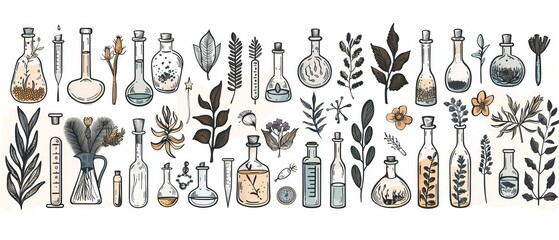 Hand drawn childish chemistry and science icons set. Elements, formulas, test tubes. Lettering quote Chemistry. Reactions research.
