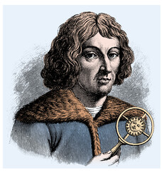 vector colored old engraving of Nicolaus Copernicus, engraving is from Meyers Lexicon published 1914