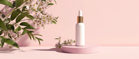 Pink floral showcase with cream jar, container, serum bottle, surreal flowers in trendy pastel color.  Shadows effect.Skin Care, makeup concept. Cosmetic product presentation. Generative ai - obrazy, fototapety, plakaty