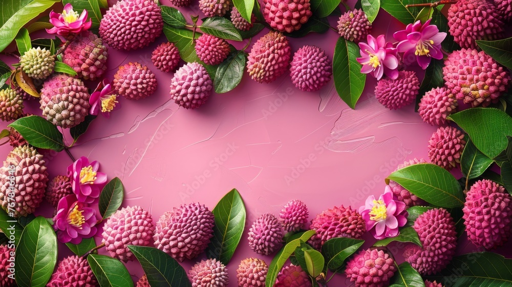 Wall mural Lychee is a tropical fruit known for its sweet, juicy flesh and rough, red shell. With a fragrant aroma, it offers a delightful combination of floral and tangy flavors.
 - Wall murals