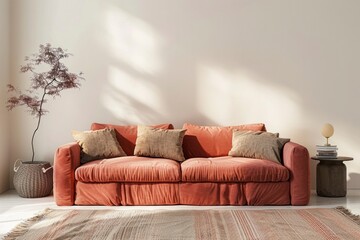 Warm afternoon light bathes a minimalist room, featuring a peach sofa with earth-toned cushions, creating a tranquil living space - obrazy, fototapety, plakaty