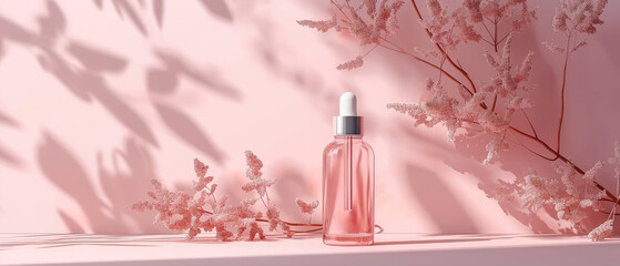 Pink floral showcase with cream jar, container, serum bottle, surreal flowers in trendy pastel color.  Shadows effect.Skin Care, makeup concept. Cosmetic product presentation. Generative ai