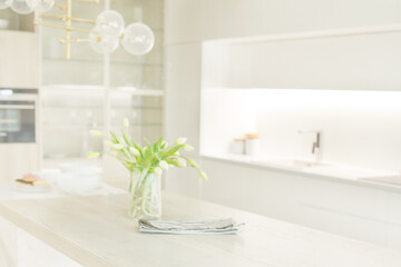 Blurred white color kitchen interior background
