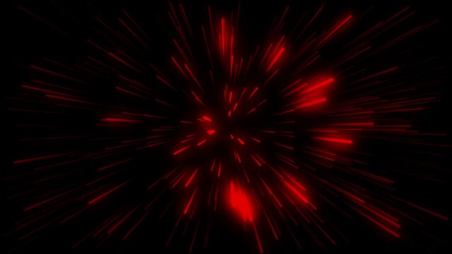 Abstract animated background of hyperspace jump in outer space with burst of colorful red lights