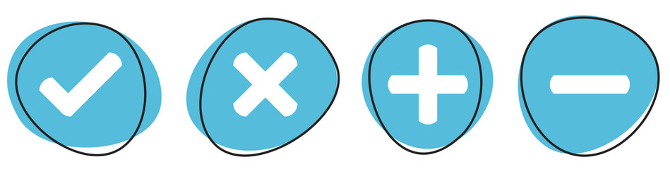 Fototapeta premium 4 blaue Business Icons - Button Banner mit Häkchen, Kreuz, Plus und Minus