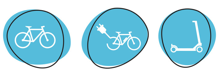 3 blaue Kontakt Icons: Fahrrad, E-Bike, Elektroroller - Button Banner