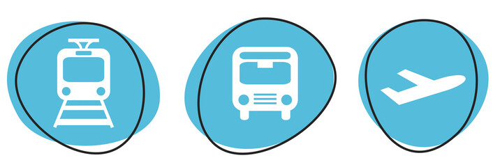 3 blaue Verkehrsmittel Icons: Zug, Bus, Flugzeug - Button Banner - 767847530