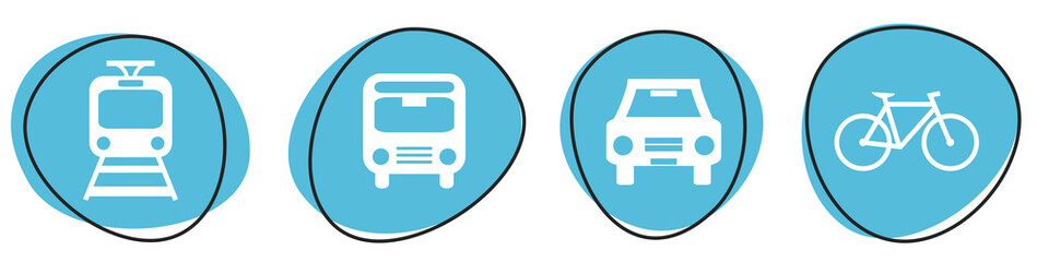 4 blaue Verkehrsmittel Icons: Zug, Bus, Auto, Fahrrad - Button Banner - 767847531