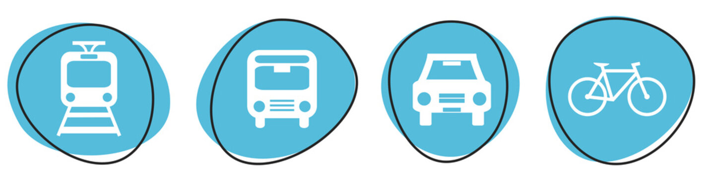 4 blaue Verkehrsmittel Icons: Zug, Bus, Auto, Fahrrad - Button Banner