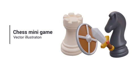 Concept of chess battle, competition. 3D white rook holding round shield, knight with sword
