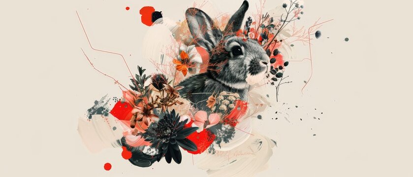 A Chinese Zodiac illustration of the Red Hare with flowers and hieroglyphs, Happy Chinese New Year 2023.