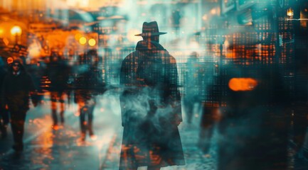 Solitary man in a digitized urban scene. A single person stands distinct against the backdrop of a city, artistically represented with digital fragmentation and abstract elements - obrazy, fototapety, plakaty