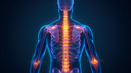 Illustration of back pain, highlighted in blue in the spine area, on a transparent background.