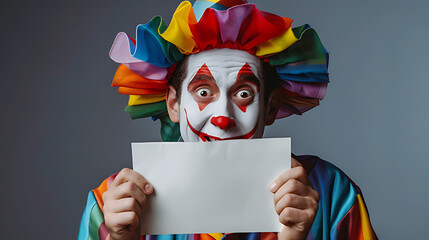  Funny clown in studio shooting holding a blank paper card for greetings, !st april. April fool Day greeting card