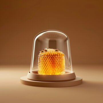 honey in a Glass cheese dome, bee hive, some pine tree branch, studio light, brown plain background