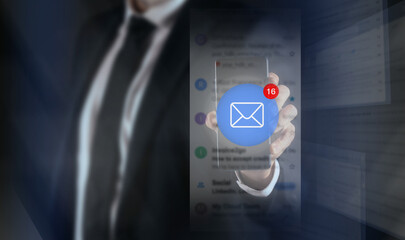Businessman receives emails on smartphone. Communication online and business networking concept.