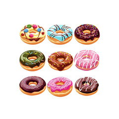 Donuts with different color frosting icon set vector. Colorful doughnuts collection isolated on a white background. Donut with chocolate,