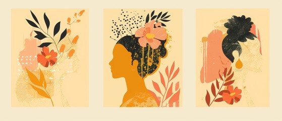 A collection of postcards with line art portraits of beautiful women with flowers. Templates for cards, posters, flyers. Linear modern illustration with lettering.