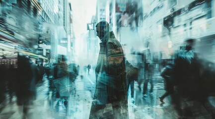 Abstract figure among blurred crowds in urban setting. The image depicts a distinct figure standing still as the blurred motion of city life moves around, symbolizing solitude amidst chaos - obrazy, fototapety, plakaty