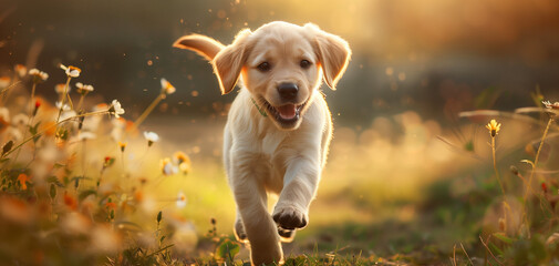 Cute golden retriever Puppy Exploring a Field of Colorful Wildflowers in the Sunshine