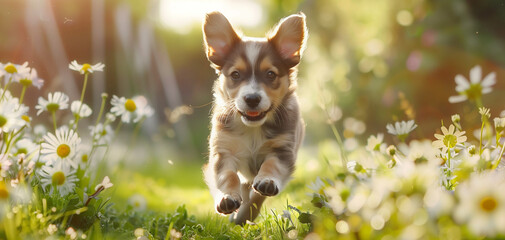 Playful Border Collie puppy enjoying the sunshine and running among bright wildflowers