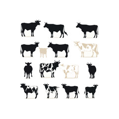 Cow bull farm animals silhouettes set, large pack of vector silhouette design, isolated white