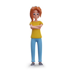 Red haired girl in jeans stands with her arms crossed on her chest