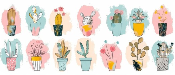 Hand drawn modern illustration of a cute hand drawn cactus without pot. Blues, pinks, greens.
