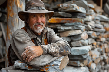 Stonemason. Man in hat leaning against pile of rocks - obrazy, fototapety, plakaty