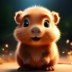 A smiling cute 3D cartoon young capybara with big round sparkling eyes