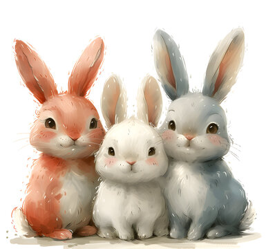 Three cute rabbits illustration. Watercolor style drawing with white background. Friendship and animals theme for children's book design, print, or poster