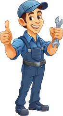 A handyman, mechanic, plumber or other construction cartoon mascot man holding a wrench or spanner tool.