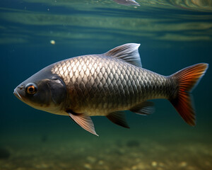 A large goldfish swims gracefully in a sunlit pond displaying its vibrant orange fins and shimmering scales