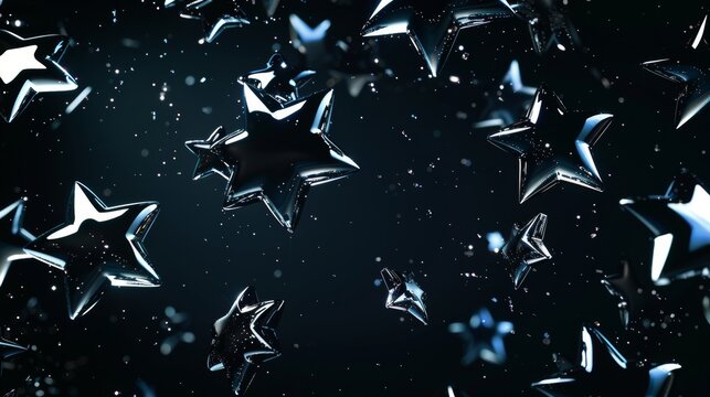 The 3D chrome stars are set in y2k futuristic style on a dark background. Render the 3D cyber chrome galaxy emoji with falling and flying stars, moons, and sparks.