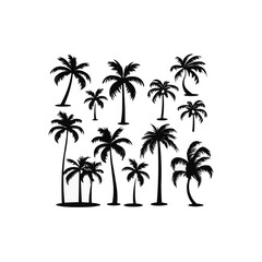 Black palm tree set vector illustration isolated on white background silhouette art black white stock illustration logo icon png. tropical, beach, landscape, pattern, paradise,