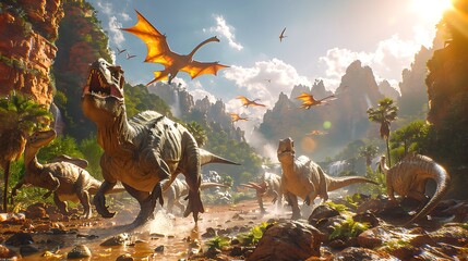 Dinosaurs in an ancient world jungle landscape with mountains and waterfalls