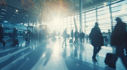 Airport travelers in sunlit modern terminal. Airport terminal with motion-blurred travelers illuminated by the sun, depicting rapid movement and travel - obrazy, fototapety, plakaty