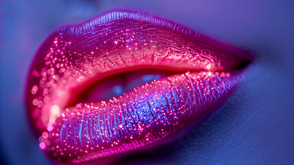 Extreme close up of female human lips, pink glittering woman's lips glamour lipstick makeup
