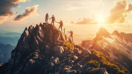 A group of friends helping each other reach the top of mountain, cinematic photography, golden hour, beautiful scenery, high resolution photography, hyper realistic, high definition