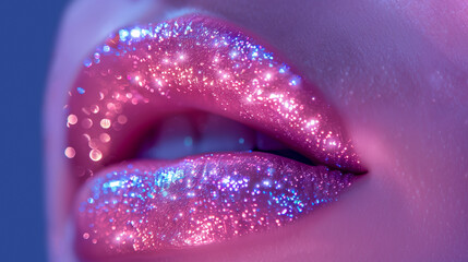 Extreme close up of female human lips, pink glittering woman's lips glamour lipstick makeup
