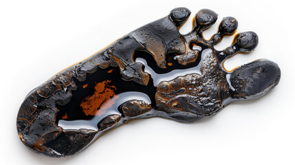 Human envoironmental footprint made of crude oil, dirty carbon footprint concept cut out and isolated on a white background