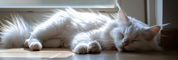 a white cat is sleeping on the floor next to a window and a window sill with its eyes closed. - obrazy, fototapety, plakaty