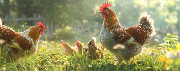 Hens on the grass in the meadow, sunny day. - obrazy, fototapety, plakaty