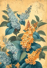 Vintage Floral Bouquet Painting on Grungy Paper Background with Blue and Orange Flowers